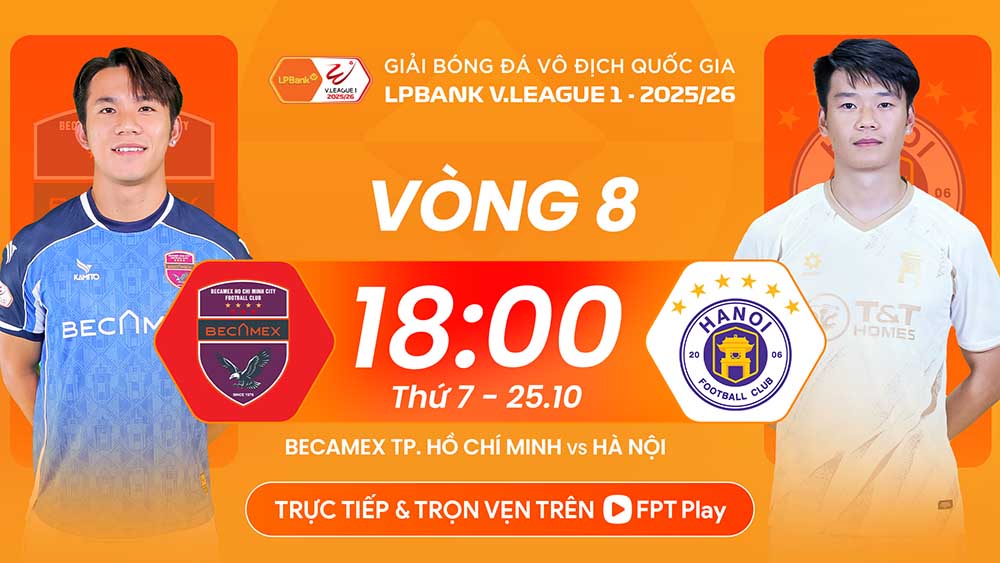 The match between Becamex HCMC vs Hanoi FC in round 8 of V.League 2025-2026 takes place at 6:00 p.m. tonight (October 25). Photo: FPT Play