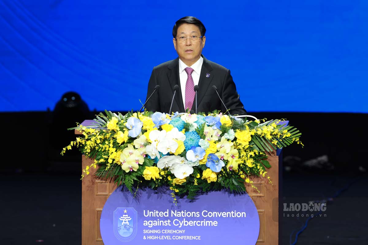 Politburo member and President Luong Cuong speaks at the opening ceremony of the Hanoi Convention signing ceremony. Photo: Hai Nguyen