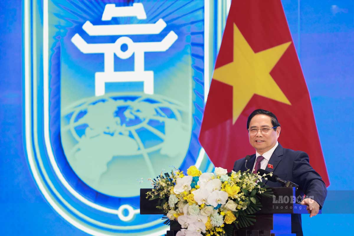 Politburo member and Prime Minister Pham Minh Chinh at a press conference at the Opening Ceremony and High-level Conference of the United Nations Convention against Cybercrime (Hanoi Convention). Photo: Hai Nguyen
