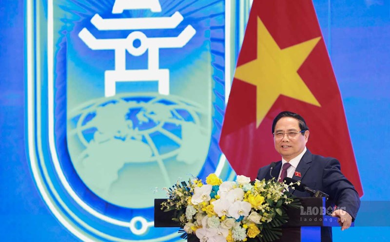 Politburo member and Prime Minister Pham Minh Chinh at a press conference at the Opening Ceremony and High-level Conference of the United Nations Convention against Cybercrime (Hanoi Convention). Photo: Hai Nguyen