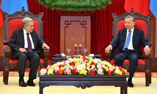 Tổng Bí thư Tô Lâm tiếp Tổng Thư ký Liên Hợp Quốc António Guterres. Ảnh: Hải Nguyễn