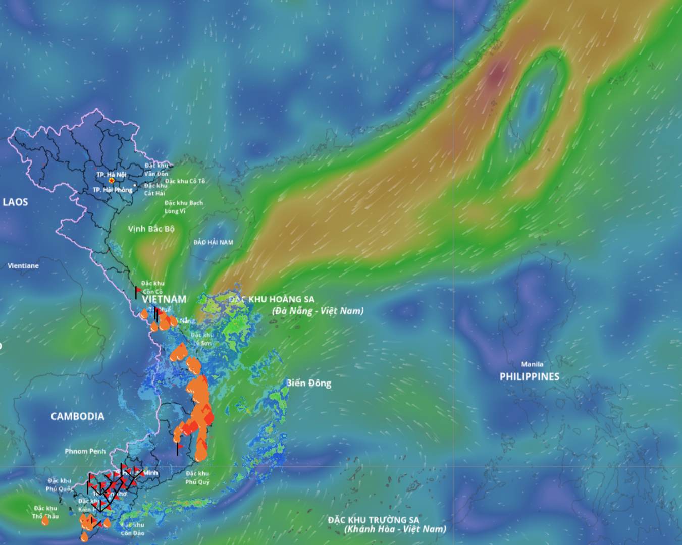 東海の低気圧が低気圧の谷とつながっており、一部の海域で強風や大波が発生している。写真提供: ベトナム自然災害監視システム