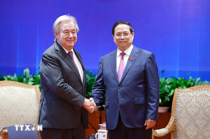 Politburo member, Prime Minister Pham Minh Chinh and United Nations Secretary General Antonio Guterres. Photo: VNA