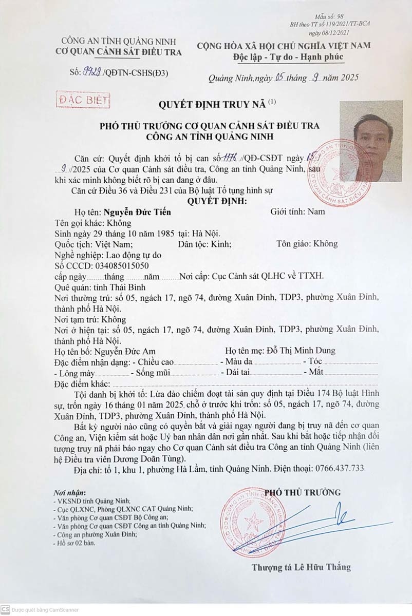 Quyết định truy nã đối với Nguyễn Đức Tiến. Ảnh: Công an Quảng Ninh