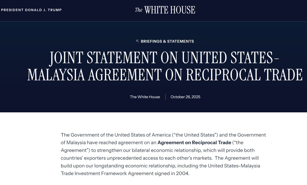 Joint statement on the counter- trade agreement between the US and Malaysia, keeping the same tax rate at 19%, on the website of the White House