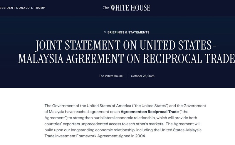 Joint statement on the counter- trade agreement between the US and Malaysia, keeping the same tax rate at 19%, on the website of the White House