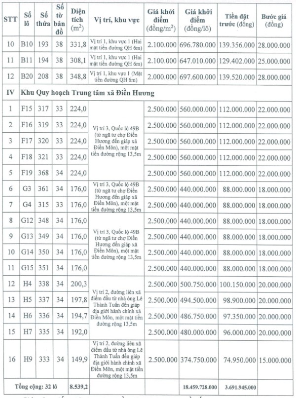 Thong tin phien dau gia 32 lo dat o tai phuong Phong Phu, thanh pho Hue. Anh: Trung tam Dich vu dau gia tai san thanh pho Hue