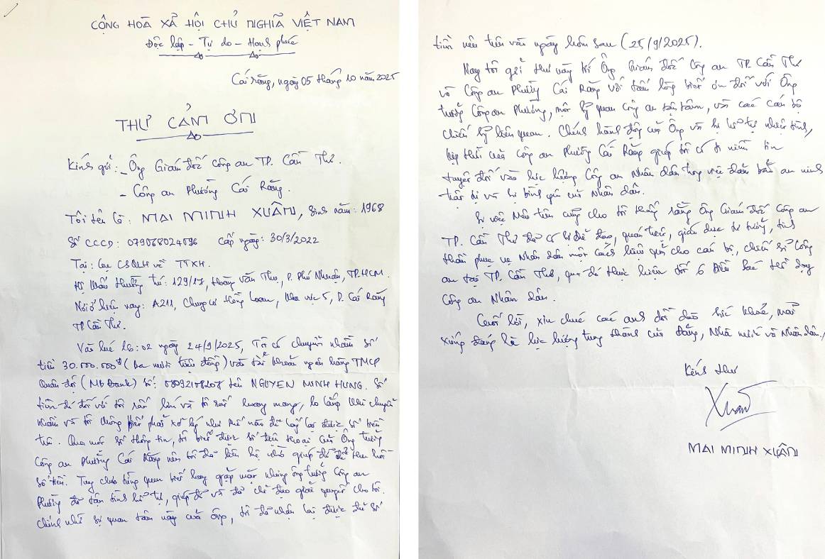 Ong Mai Minh Xuan gui thu cam on luc luong Cong an phuong Cai Rang. Anh: Cong an Can Tho