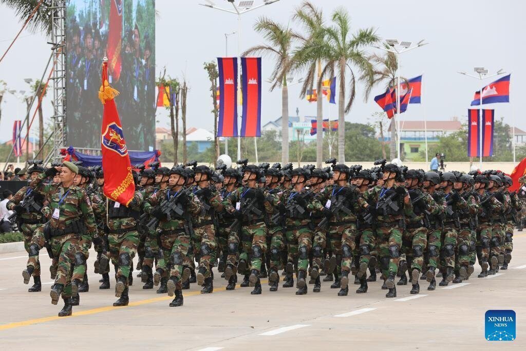 Soldiers parade in the 25th anniversary of the founding of the Royal Cambodian Army, January 24, 2024. Photo: Xinhua
