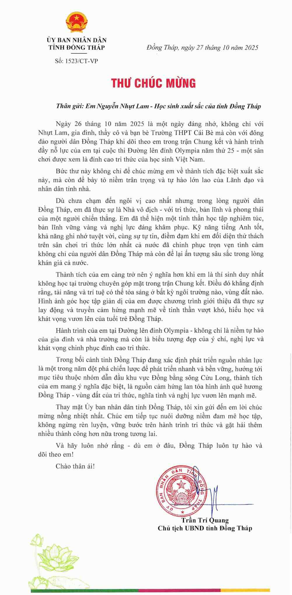 Toan van thu chuc mung gui den Nguyen Nhut Lam. Anh: Cong thong tin dien tu Dong Thap.