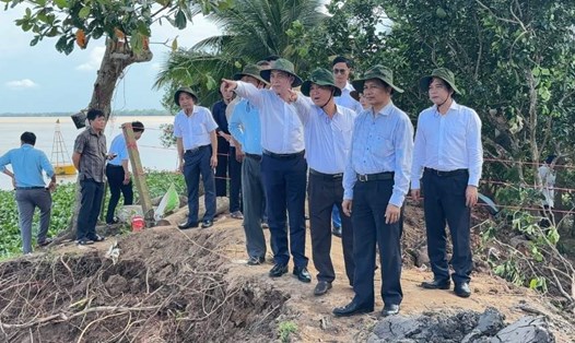 Bí thư Tỉnh ủy Vĩnh Long Trần Văn Lâu (hàng trước, bìa phải) kiểm tra thực tế điểm sạt lở, vỡ đê tại cồn Thanh Long, xã Quới Thiện. Ảnh: Hoàng Lộc