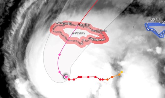 Bão Melissa đạt cường độ cực đại chiều 27.10. Ảnh: Zoom Earth