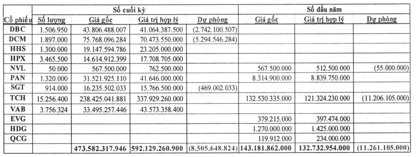 Danh muc dau tu chung khoan cua NTL. Nguon: BCTC quy III/2025 NTL