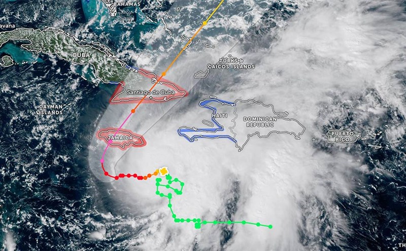 Superstorm Melissa has a winding path before rapidly strengthening, reaching its peak intensity and heading straight towards the island nation of Jamaica. Photo: NOAA