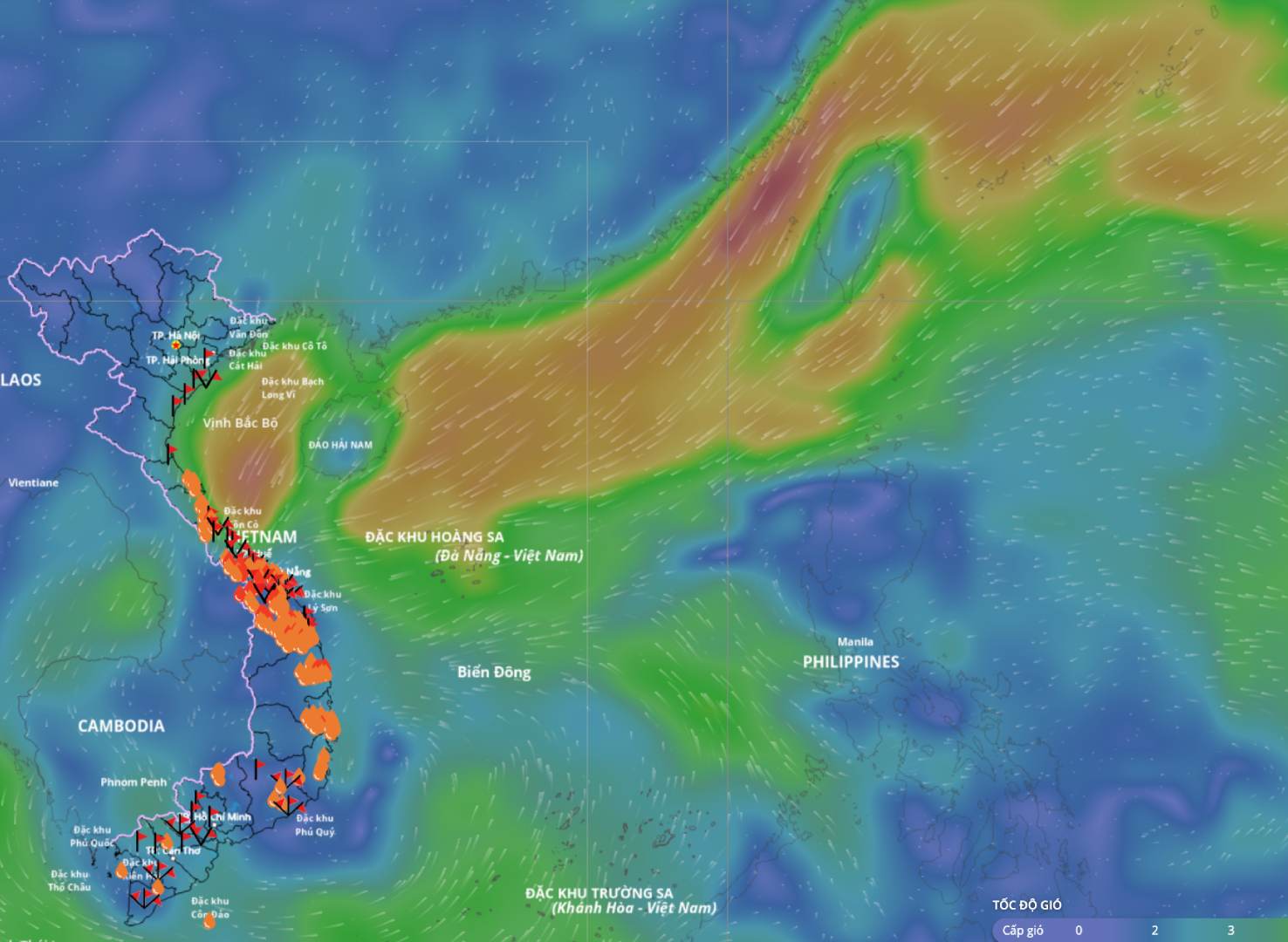 トンキン湾と一部の沿岸地域では寒気の影響で強風が続いている。出典: ベトナム自然災害監視システム