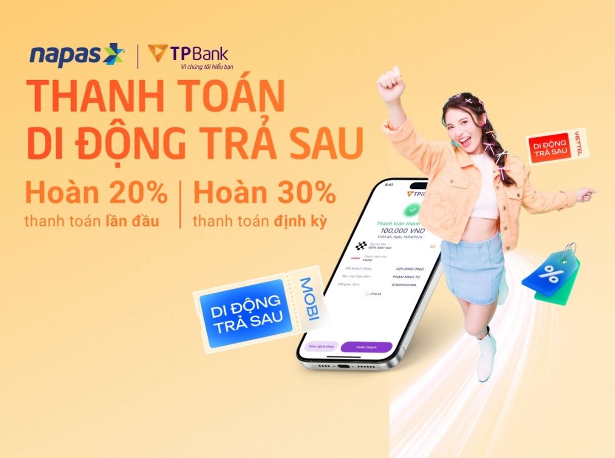 Hoan toi 30% khi thanh toan hoa don dien thoai tra sau cung Napas va TPBank. Anh: Napas