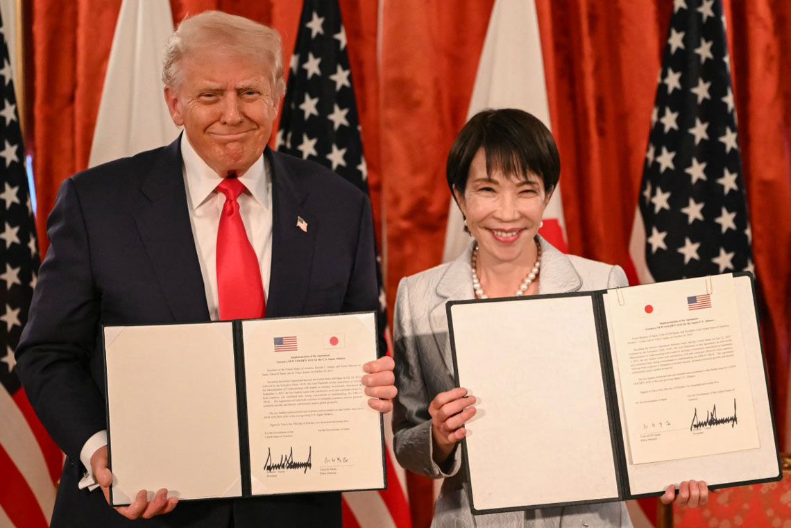 US President Donald Trump and Japanese Prime Minister Sanae Takaichi during a meeting at Akasaka Palace on October 28. Photo: AFP