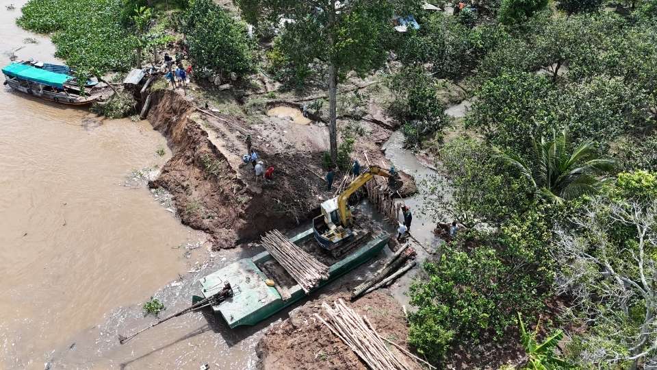 The dike section in Con Thanh Long area, Quoi Thien commune, Vinh Long province was broken, water flooded strongly into the production area, threatening the lives of people living along the river. Photo: Hoang Loc