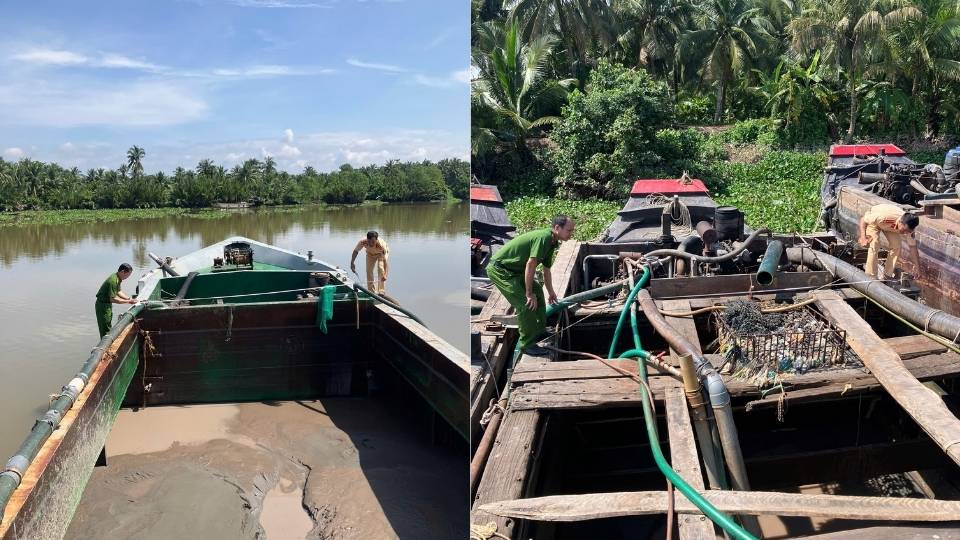 Phương tiện chở cát trái phép bị Công an phường Long Đức, tỉnh Vĩnh Long tạm giữ. Ảnh: Công an cung cấp