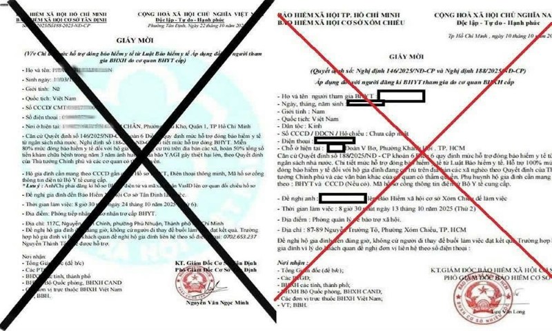 "Invitation" has a red seal and a fake signature of a leader of a social insurance agency to defraud people. Photo: Provided by Ho Chi Minh City Social Insurance Agency
