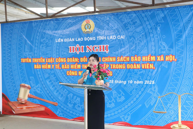 Ba Dinh Thi Hong Lan – Pho Truong Ban Cong doan cac Khu cong nghiep tinh Lao Cai truyen dat noi dung cua Luat Cong doan toi nguoi lao dong. Anh: Cong doan Lao Cai