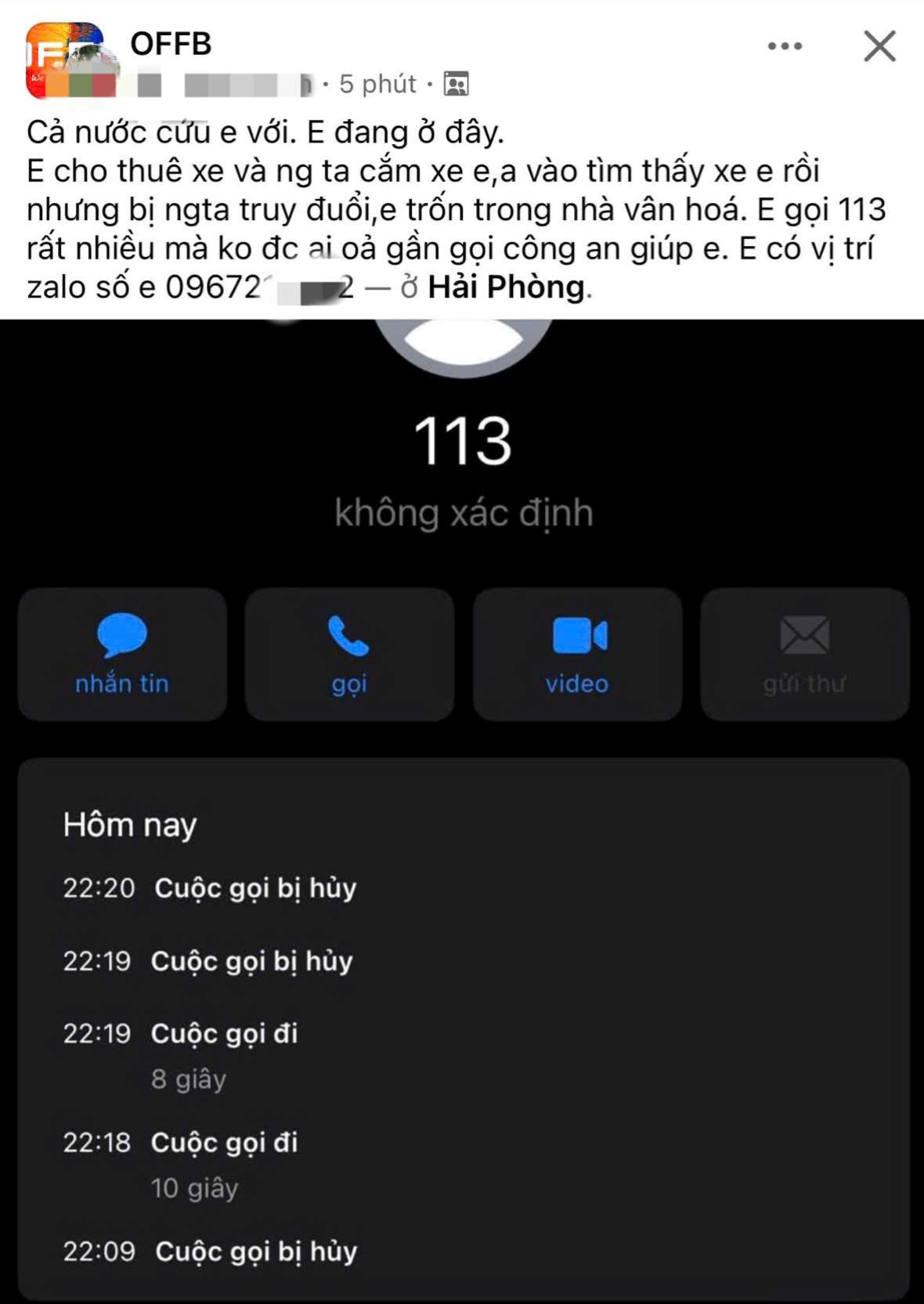 Anh V.M.H kêu cứu trên mạng xã hội sau khi trốn vào nhà văn hóa tổ dân phố ở Hải Phòng. Ảnh chụp màn hình