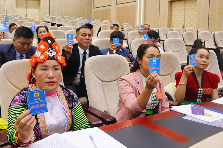 Dai bieu bieu quyet thong qua Nghi quyet Dai hoi. Anh: Giang Nam