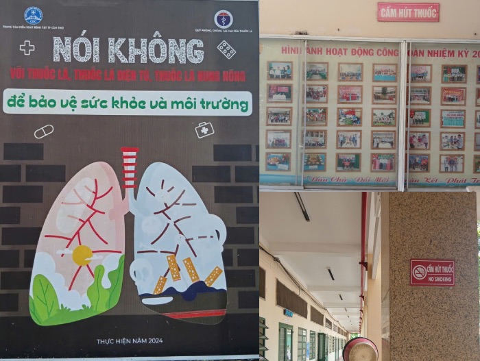 Truong THPT Vinh Thanh (TP Can Tho) trang bi Pano, cac bang cam hut thuoc, thong tin tuyen truyen de nhac nho cho hoc sinh. Anh: DVCC. Do hoa: Phong Linh.