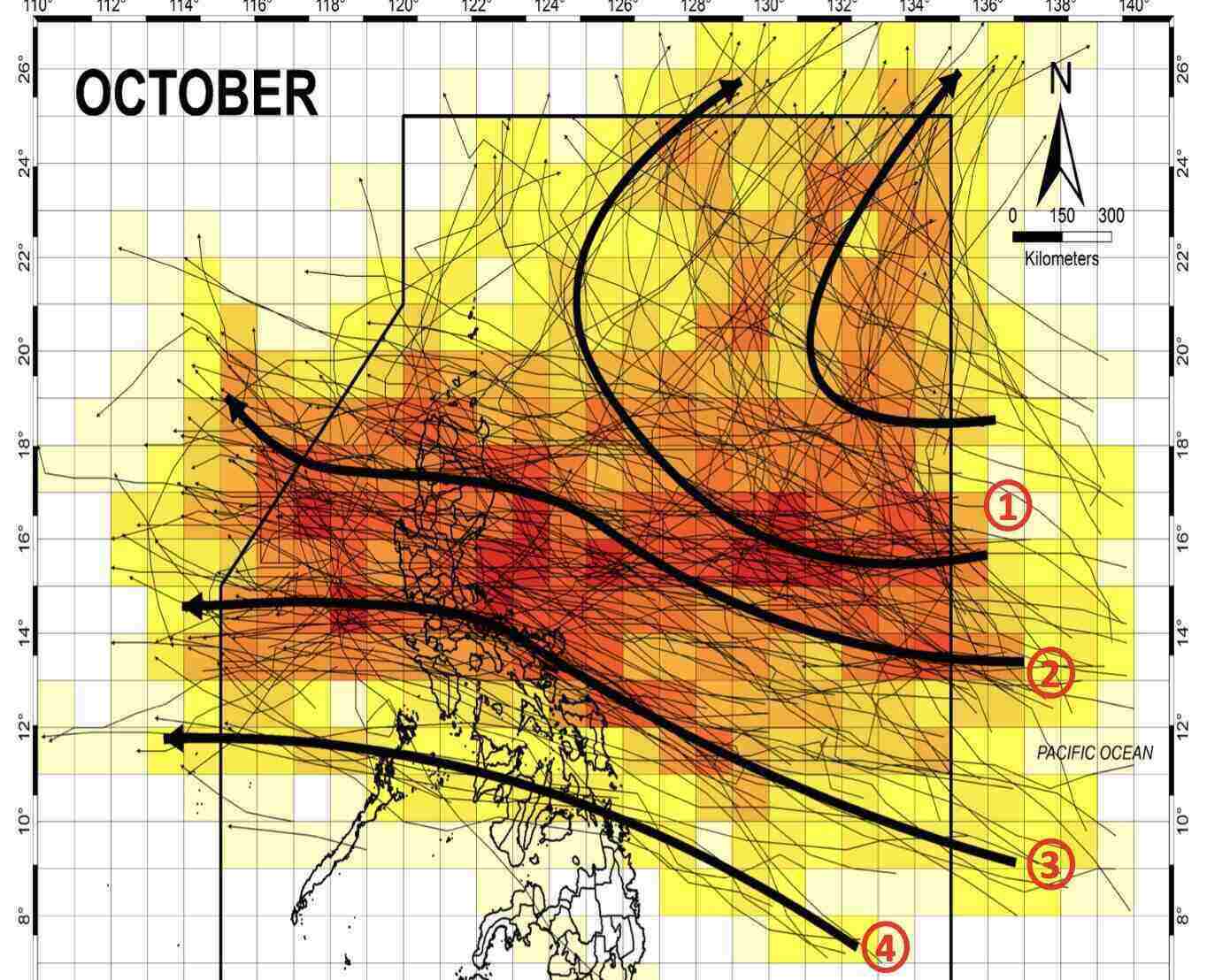 The path of the storm and low pressure in October near the Philippines, with a high possibility of entering the East Sea. Photo: PAGASA