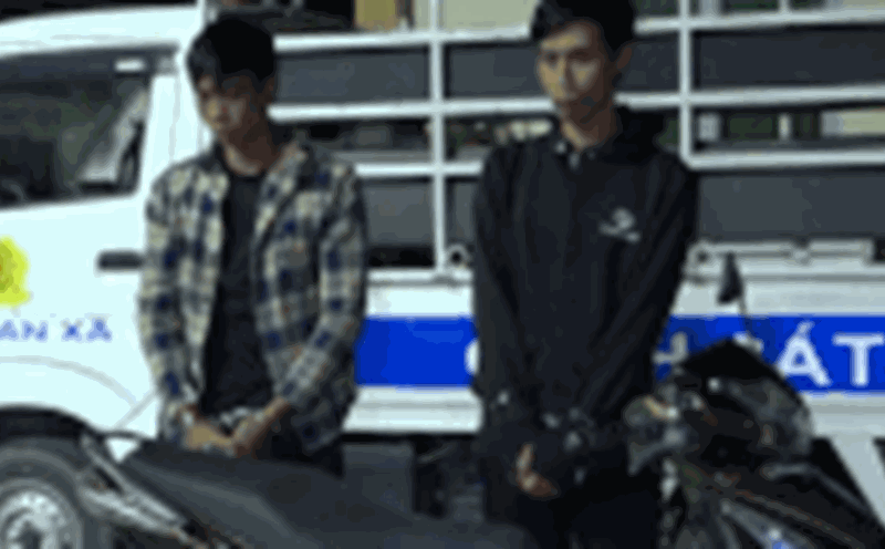 Nhi Quy Ward Police (Dong Thap) arrested two young men from Vinh Long and the evidence of a motorbike theft. Photo: Provided by the police