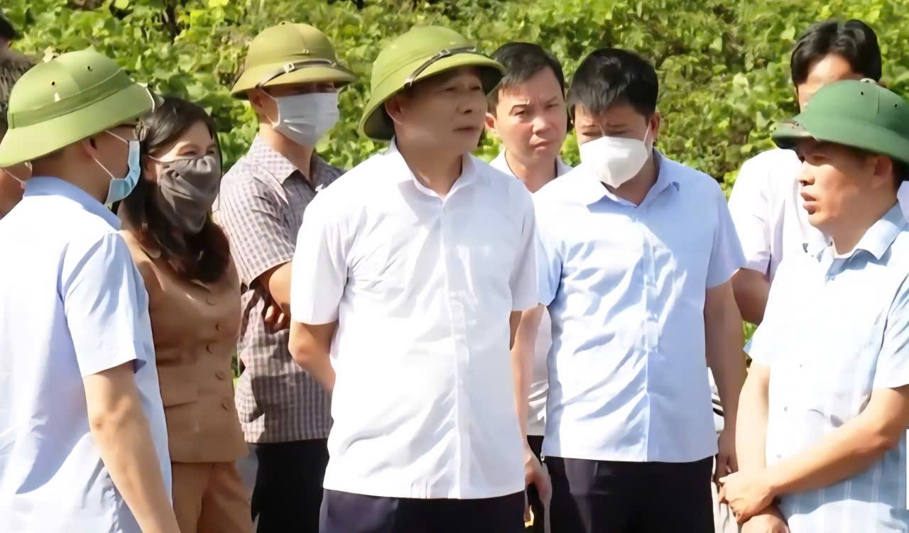 Ong Nguyen Anh Chuc - Pho chu tich UBND tinh Ninh Binh (ao trang dung giua) kiem tra thuc te hien thuc trang tai bai rac thung Quen Kho (phuong Trung Son). Anh: Nguyen Truong