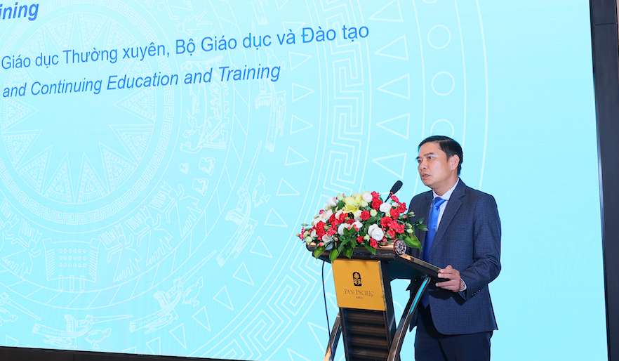 Ong Pham Vu Quoc Binh - Pho Cuc truong Cuc Giao duc nghe nghiep va Giao duc thuong xuyen (Bo Giao duc va Dao tao) phat bieu tai Hoi nghi. Anh: Viet Hoang