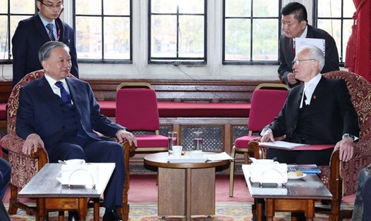 Tổng Bí thư Tô Lâm hội kiến Chủ tịch Thượng viện Anh John Mcfall. Ảnh: TTXVN