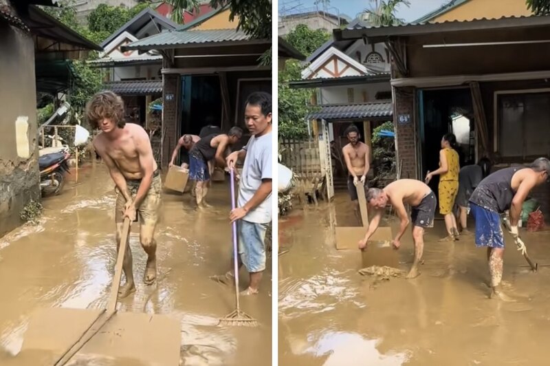 西洋のゲストは泥を覆い、嵐の後に掃除するためにベトナム人と手を巻いた。写真：NVCC