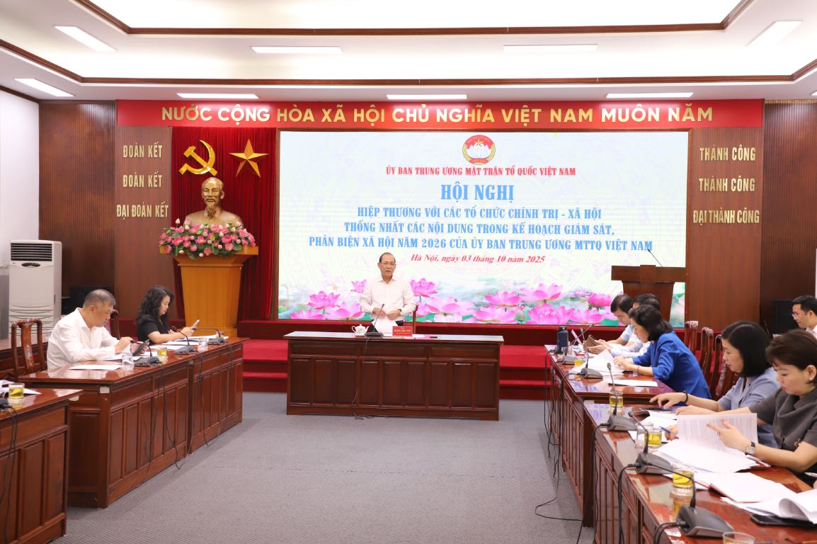 Toan canh hoi nghi hiep thuong thong nhat cac noi dung trong ke hoach giam sat, phan bien xa hoi nam 2026 cua Uy ban Trung uong MTTQ Viet Nam. Anh: Bao Han