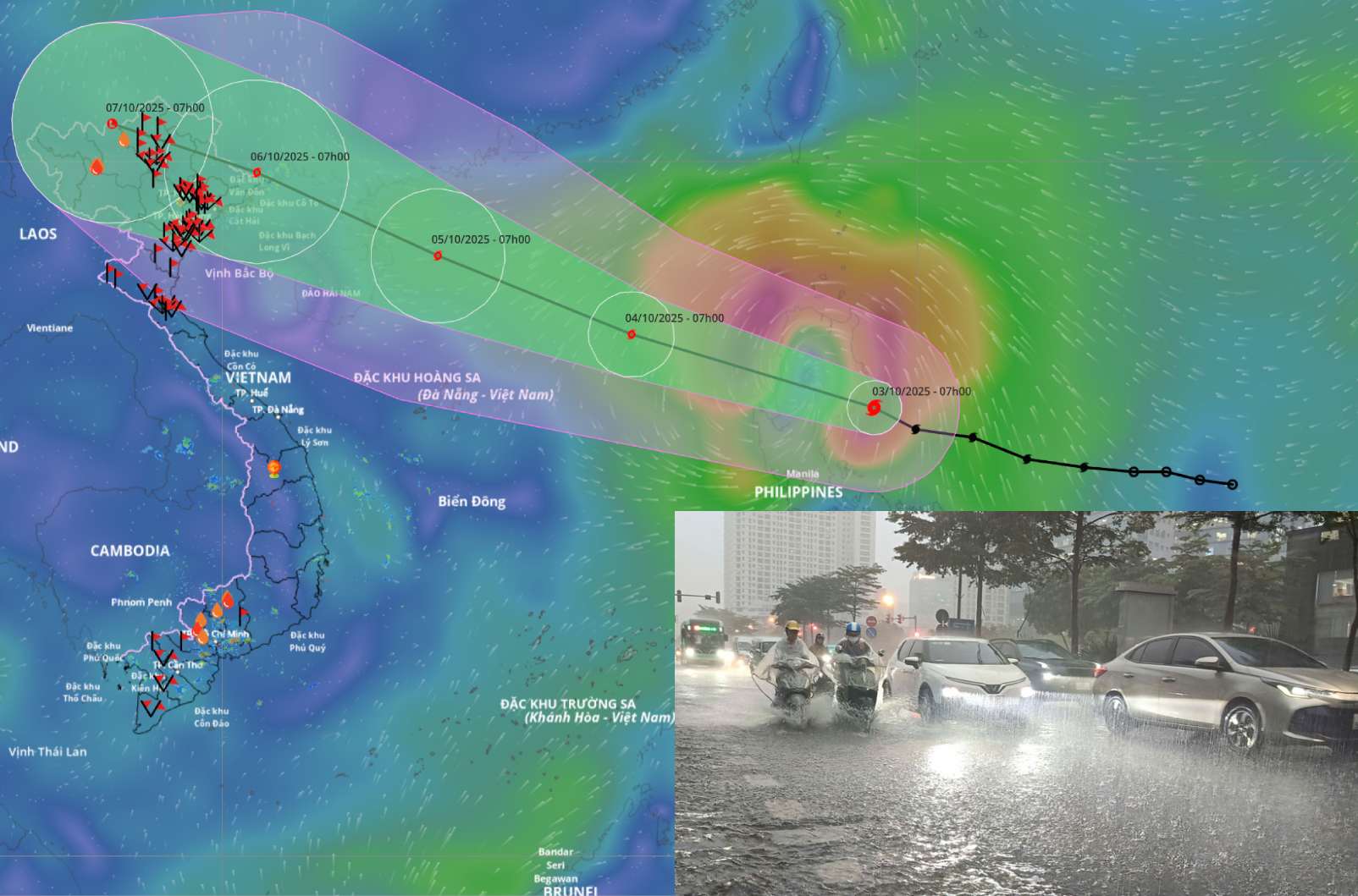 Les previsions indiquent que la tempete Matmo provoquera de fortes pluies dans le Nord a partir de la nuit du 5 octobre. Source position et itineraire de la tempete Matmo mises a jour a 12 heures le 3 octobre : Systeme de surveillance des catastrophes naturelles du Vietnam