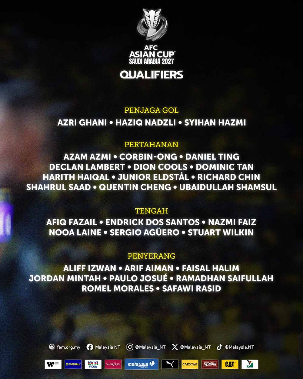 Danh sach cau thu Malaysia duoc trieu tap chuan bi cho vong loai Asian Cup 2027. Anh: FAM