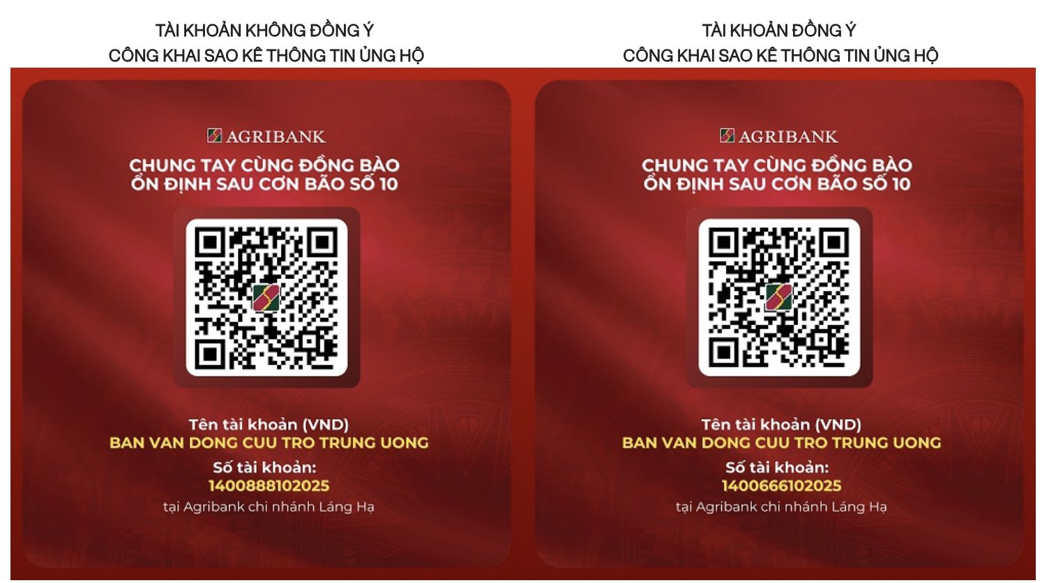 Uy ban Trung uong Mat tran To quoc Viet Nam thong tin so tai khoan tai Agribank tiep nhan ung ho dong bao chiu thiet hai do bao so 10. Anh: Agribank