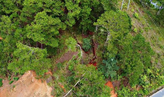 Ước tính đang có khoảng 60.000 m3 đất đá trên quả đồi có nguy cơ đổ sập xuống đèo D'ran ở Lâm Đồng. Ảnh: Phúc Khánh