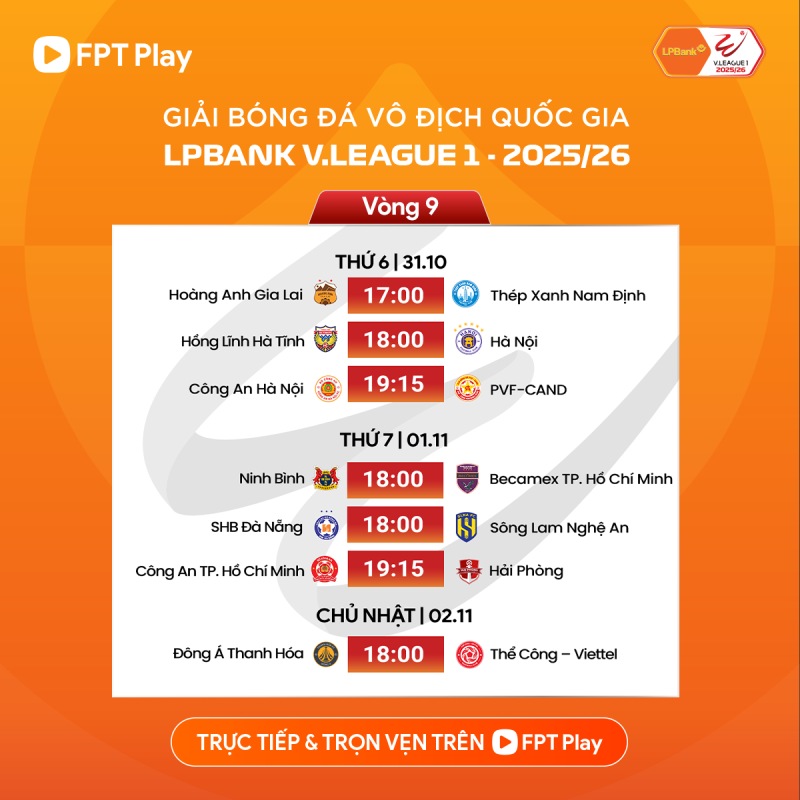 Lich thi dau vong 9 V.League 2025-2026. Anh: FPT Play