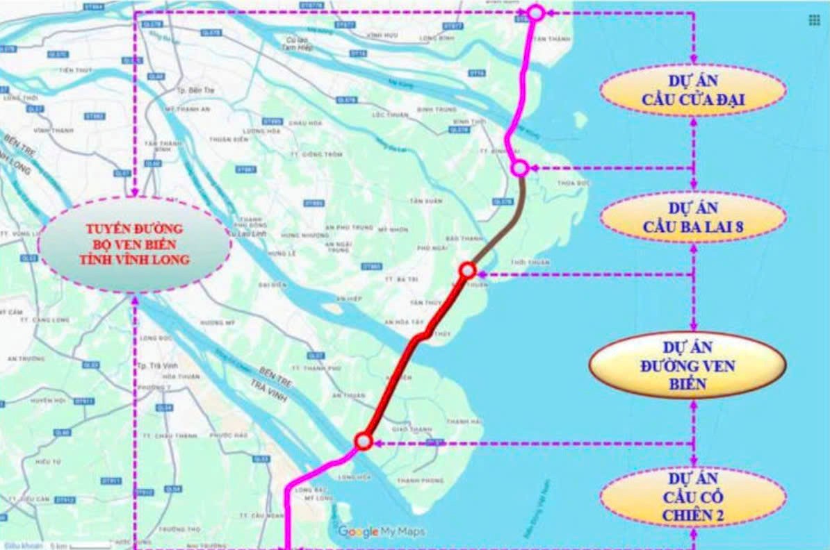 Tuyen duong ven bien doan qua tinh Vinh Long co chieu dai khoang 25,2km trong do co cau Ham Luong 2 va 7 cau nho di qua dia ban xa Bao Thanh, Tan Thuy, Thanh Hai va An Qui. Anh: Quyen Pham