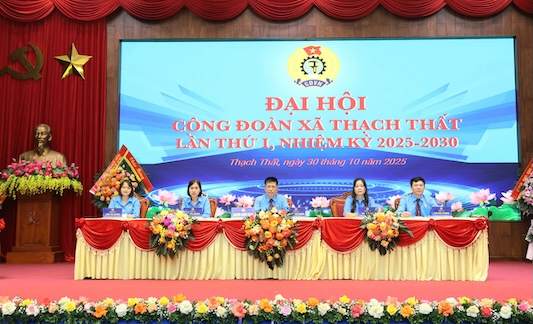 Dai hoi lan thu nhat, nhiem ky 2025 - 2030 Cong doan xa Thach That xac dinh nhieu muc tieu cu the vi nguoi lao dong, xay dung to chuc Cong doan vung manh. Anh: Ngoc Anh