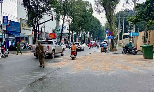 Hiện trường vụ dầu trơn đổ ra đường khiến nhiều học sinh té ngã ở TPHCM. Ảnh: Đình Trọng