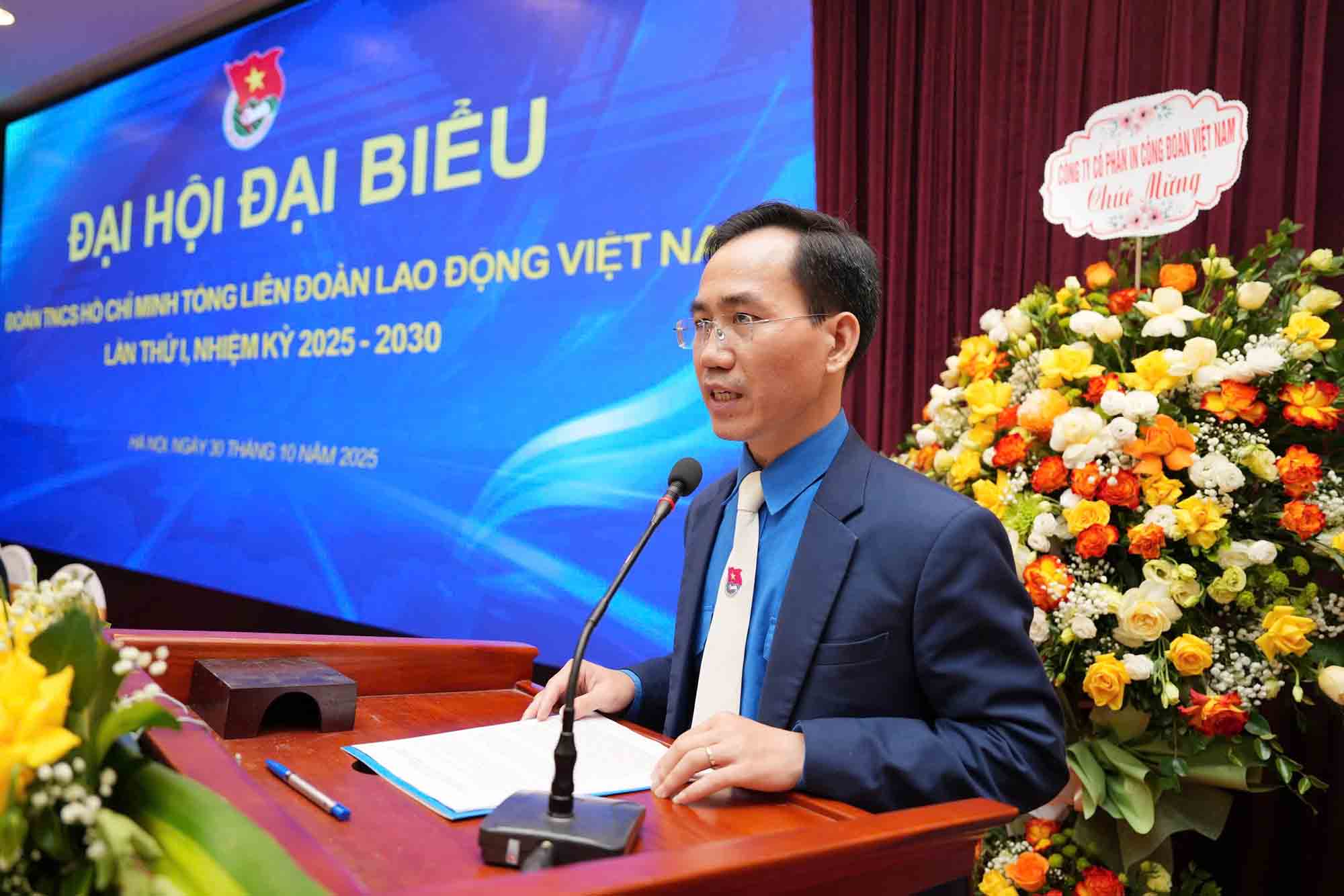 Dong chi Phan Nghiem Long - Bi thu Doan Thanh nien Tong LDLD Viet Nam nhiem ky 2025 - 2030 phat bieu be mac Dai hoi. Anh: Huu Chanh