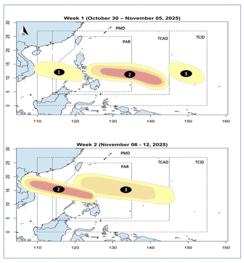 Du bao ap thap don dap xuat hien, kha nang thanh ap thap nhiet doi di vao Bien Dong trong hai tuan dau tien cua thang 11. Anh: PAGASA