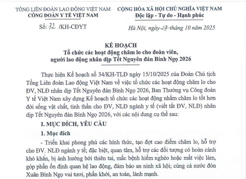 Ke hoach cham lo Tet Nguyen dan Binh Ngo 2026 cua Cong doan Y te Viet Nam. Anh: Que Chi