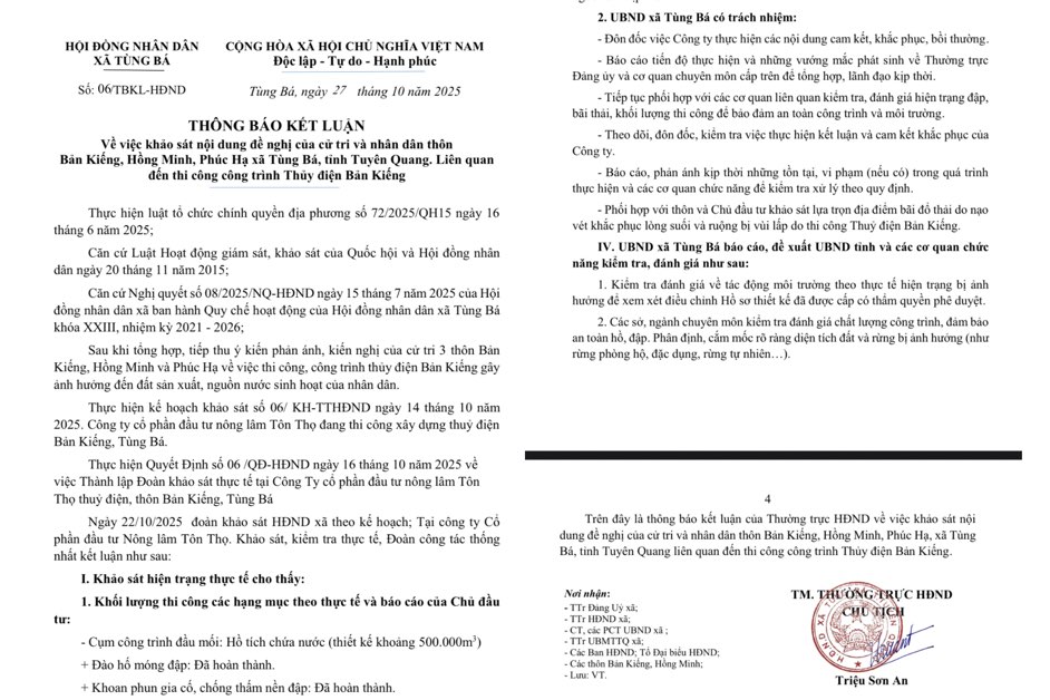 Van ban thong bao sau kiem tra thuc te tai thuy dien Ban Kieng. Anh: Nhom PV.