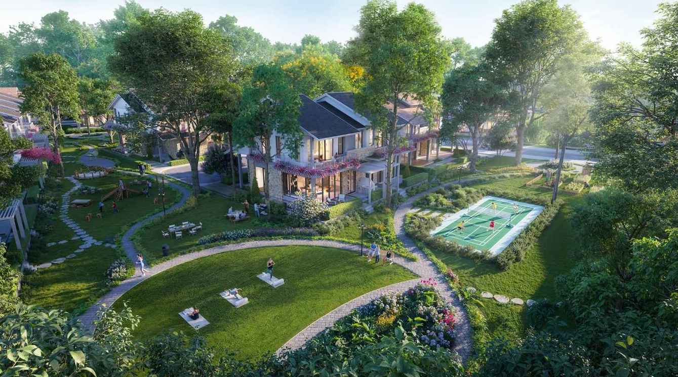 Nhung can biet thu nam duoi tan rung, xung quanh la tien ich cham soc suc khoe.