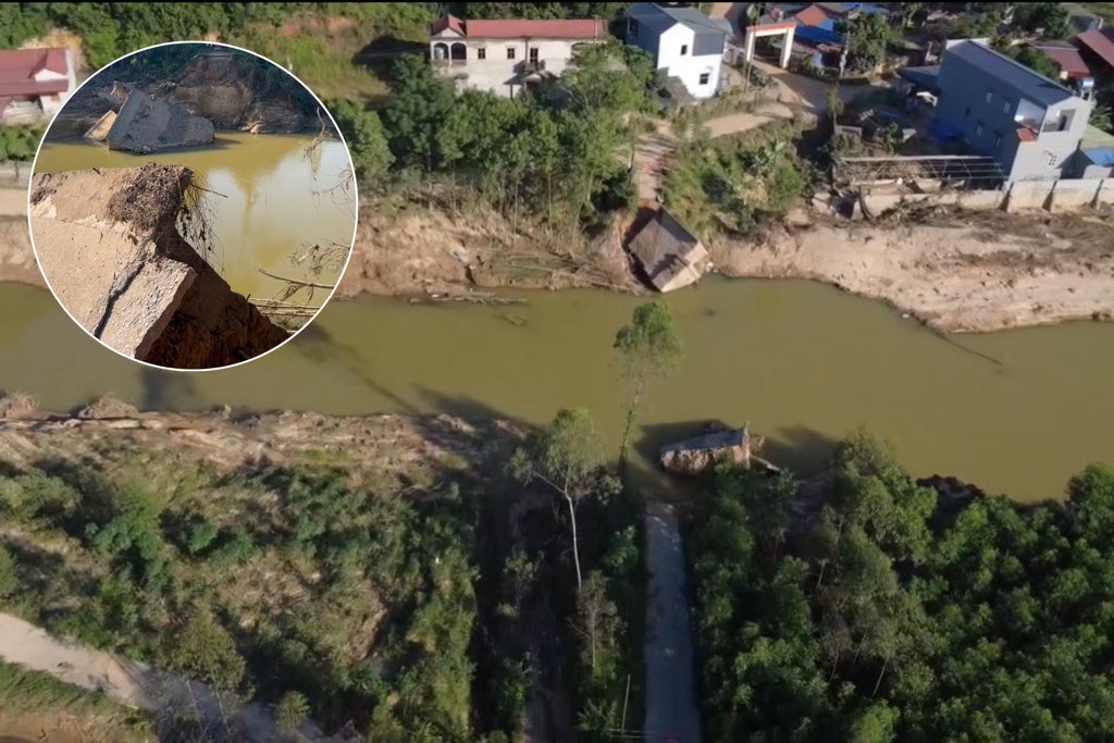 Scene of the arterial bridge collapsed and devastated after the storm and flood in Thai Nguyen. Photo: Dang Vu.