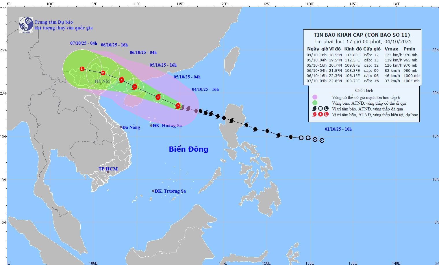 Forecast of the path and area affected by storm No. 11 Matmo. Photo: NCHMF